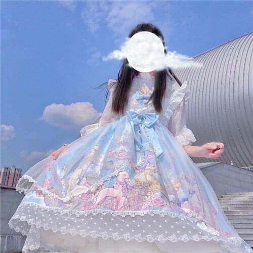 Japanese Lolita sweet bear strap dress female summer bowknot cute printing high waist princess victorian dress kawaii girl goth