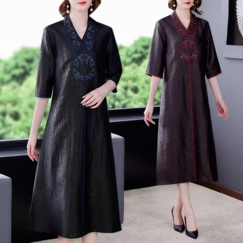 Women Loose Embroidery Silk Vintage Midi Dress Summer Casual Floral 5XL Plus Size Solid Dress 2021 Elegant Bodycon Party Vestido
