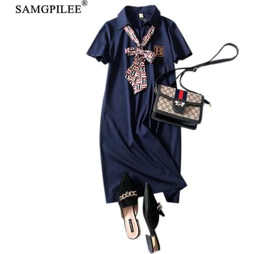 Summer Dress For Women Cotton Knitted Dress Women 2020 Bow Women Dresses Casual knee length Turn Down Collar Women Dress L-4XL