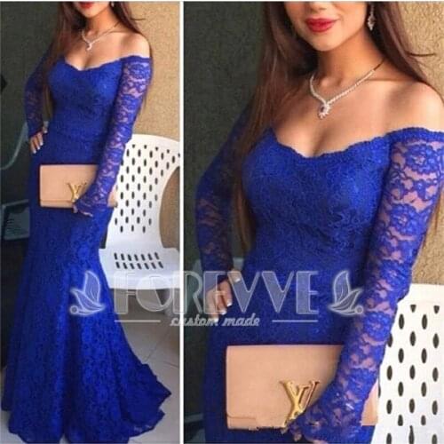 New Royal Blue Mermaid Evening Dress Long Sleeve V-Neck Formal Dress Party Dresses Abendkleider 2019 Robe De Soiree Longue
