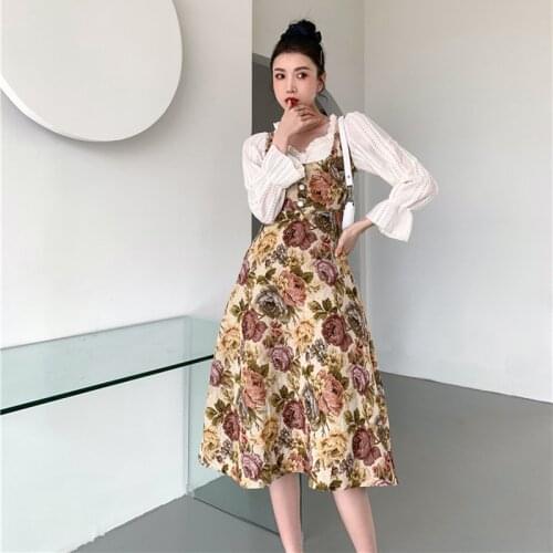 Fashion Printed Dress Women Spring 2021 New Vintage Jacquard Lace Stitching Square Neck Elegant Mid-Length Dresses Vestidos