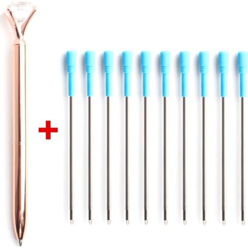 1+10Pcs/Set Big Diamond Crystal Pen Gem Ballpoint Pens Metal Ball Pen Refills Kawaii Magical Pen Fashion School Office Supplies