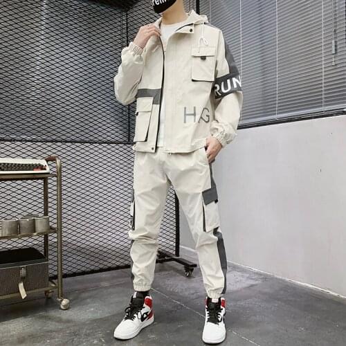 Pullover Coat & Long Pants Mens Clothing 2021 Workwear Jacket Mens Hooded Jacket+Pants 2Pc Sets Baseball Loose