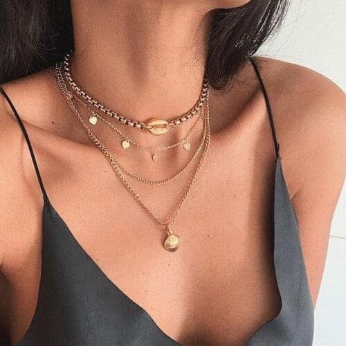 4 Pcs/Set Boho Shell Heart Necklaces Set Women Fashion Multilayer Chain Pendant Long Necklace Charm Female Party Clavicle Chain