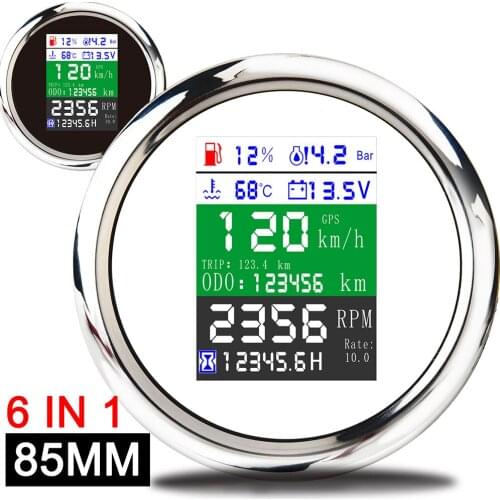 6 in 1 85mm GPS Speedometer Car Tachometer Fuel Level Water Temp Oil Pressure 10Bar Multi-functional Digital Gauge With Alarm