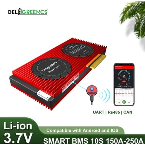 Deligreen 10S Smart BMS 150A 200A 250A UART 485 Bluetooth Smart BMS for 36V Li-ion Battery Pack Energy Storage With Balance