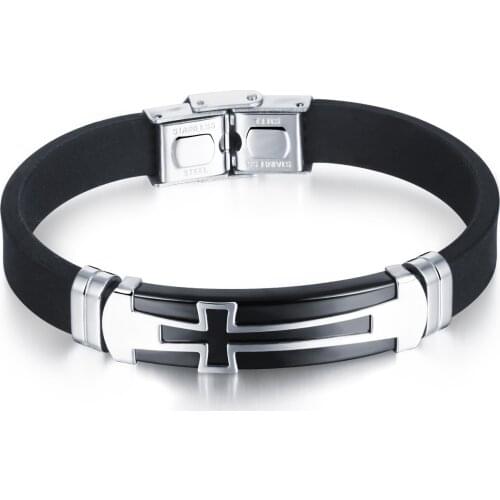 Black Silicone Man Bracelets Classical Stainless Steel Big Cross Men Jewelry Religious Charm Accessories 2 Colors
