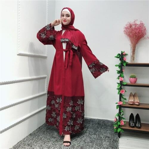 Elegant Muslimah hit color appliques lace abaya Turkish full length Jilbab Dubai female cardigan Islamic dress wq1334 dropship