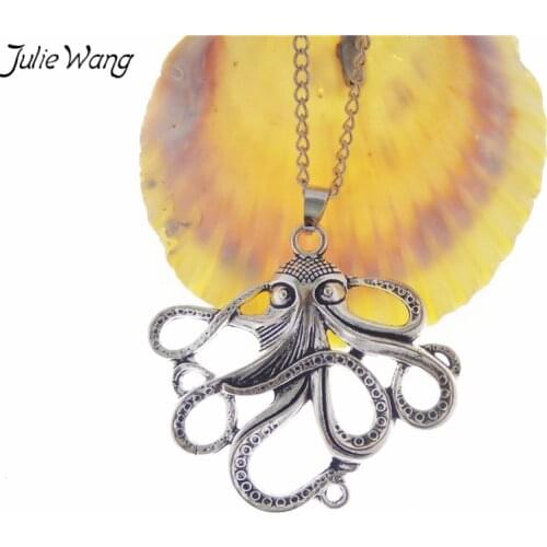 Julie Wang 1PC Antique Silver Color Octopus Shape Pendant Necklace Punk Style Cool Women Men Jewelry 80cm Metal Link Chain