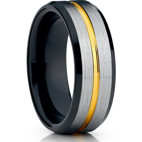 8mm Silvery Brushed Black Stainless Steel Ring Gold Stripe Fashion Mens Wedding Band Jewelry Gift Size 6 7 8 9 10 11 12 13
