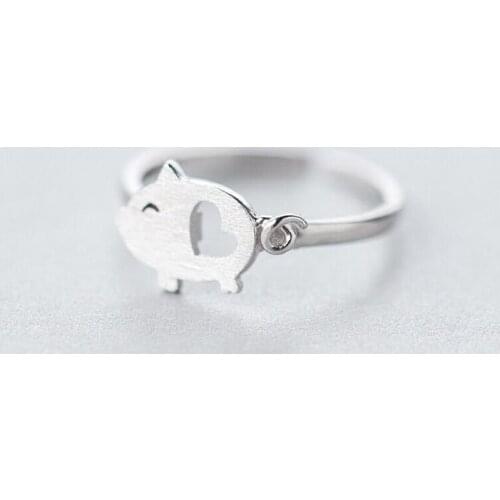 Cute Simple Pig Hollow Out Heart-shaped Ring Elegant Womens Party Silver Color Opening Ring Fashion Sweet Girl Jewelry Gift