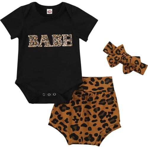 0-24M 2Pcs Newborn Baby Girls Clothes Set Black Short Sleeve Romper + Leopard Shorts Outfits Summer Clothing 2021 New