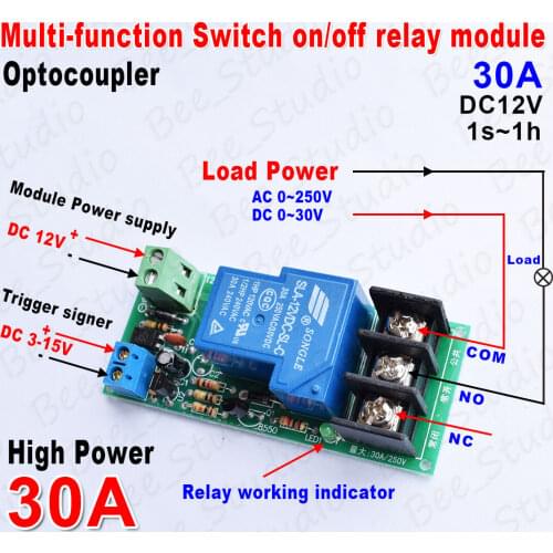 0-60minute DC12V Multifunction Delay Timing on/off Optocouple Relay Module 30A Switch Timer