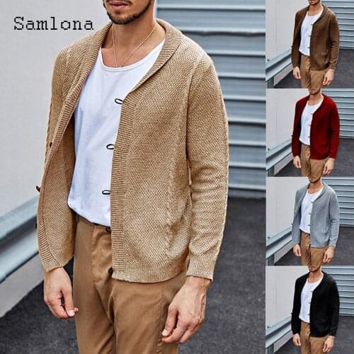 Samlona Plus Size Men Fashion Knitted Sweater Autumn 2021 European Style Long Sleeve Top Khaki Gray Cardigans Sexy Men Clothing