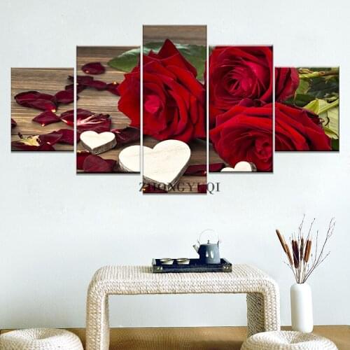 Printed Wall Art Canvas Painting 5 Panel Beautiful Roses Decoration Painting Modular Pictures On The Hall Wall Framework