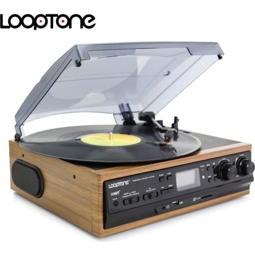 LoopTone 3-speed Bluetooth Turntable Vinyl Record Player Built-in Speakers Gramophone AM/FM Radio Cassette LP USB/SD Recorder
