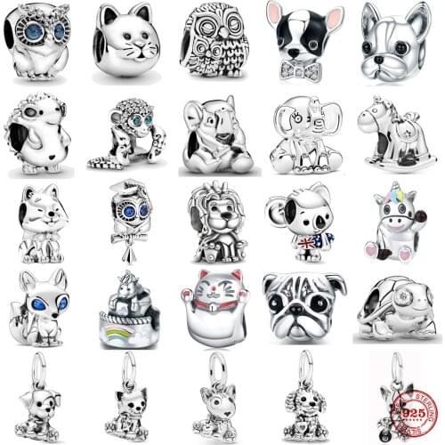 Silver 925 Charm Animal Cut Dog Cat Owl Elephant Monkey Tortoise Charm Fit Original Pandora Charms Bracelet DIY Women Jewelry