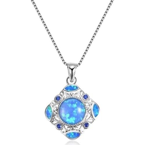 Vintage Hollow Flower Carving Design White Pendant Necklace Inlay Fashion Women Wedding Party