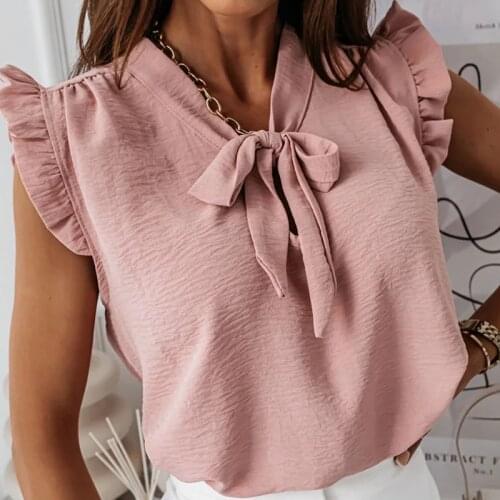 CVYATAYA Solid Chiffon Bow Tie Neck Blouse Women Summer Ruffles Sleeveless Elegant Tops and Blouses Casual Office Shirts Femme