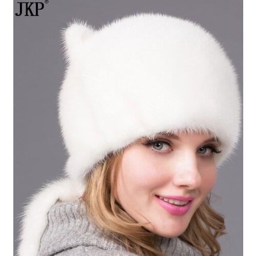 Real natural mink fur hat ladies fall winter fashion cute white ears and mink tail cap
