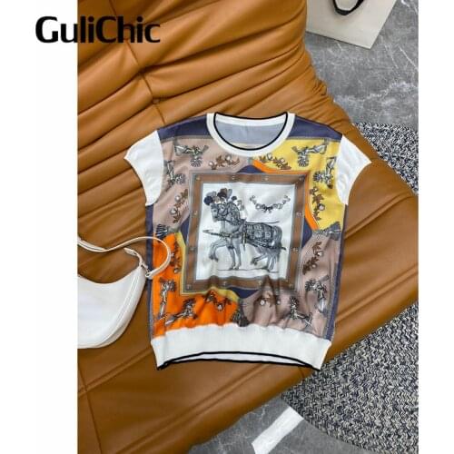 6.5 HIGH END QUALITY Silk Print Patchwork Pattern Short Sleeve Round Neck Fashion Loose T-Shirt Women