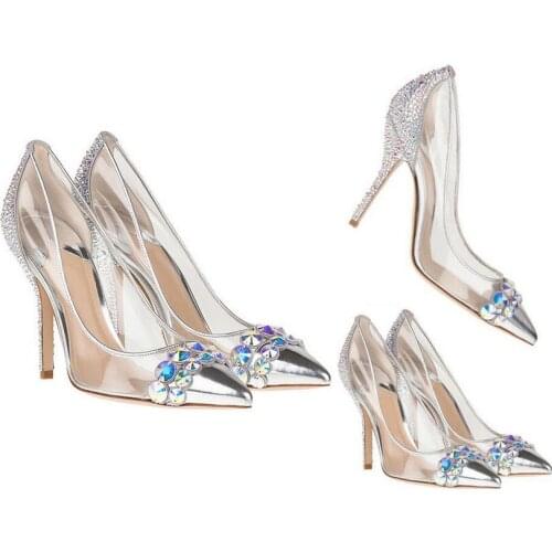 Ladies Pointed toe Silver Contrast Color Bridal shoes woman High Heel Shining Crystal PVC Transparent Pumps Women Party Wedding