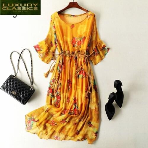 Real Women Summer Dress Silk Yellow Dresses Female Long Floral Vintage Vestidos Korean Beach Evening Party Dresses 08010
