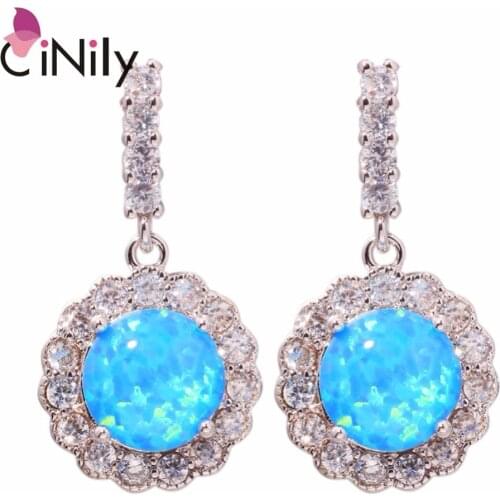 CiNily Created Blue Fire Opal Cubic Zircoia Silver Plated Wholesale Hot Sell Jewelry for Women Wedding Stud Earrings 7/8" OH2739
