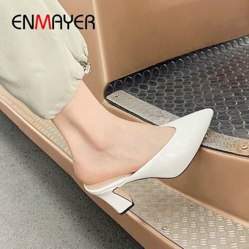 ENMAYER 2020 Pumps Women Shoes Square Heel Patent Leather Pointed Toe Party Mules Ladies Shoes Slip-On Wedding Shoes big size 43