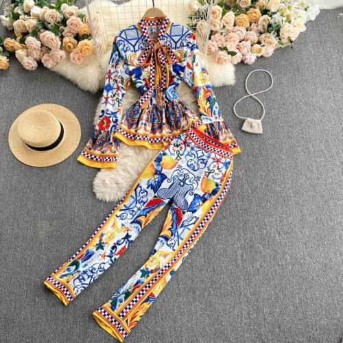 2021 New Autumn Ladies Retro Printing Two Piece Trousers Set Full Sleeve Shirt High Waist Pants Fashionable Runway 2 Pcs Suit