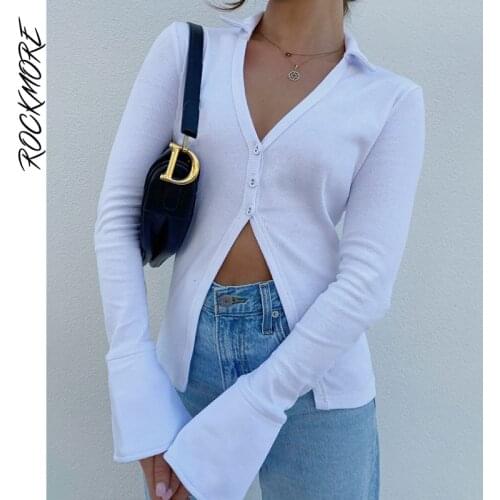 Rockmore Women Knitwear Y2K Long Sleeve Top Harajuku T Shirt Button Up Cardigans Knitted Casual Tshirt Autumn Basic Tops Tee