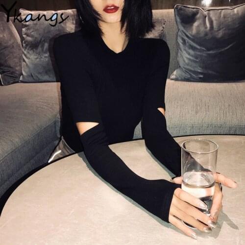Autumn Gothic Black Knitted Long Sleeves Hole Slim Pullover Women Vintage Fashion Korean Style Jumper Girls Streetwear Sweater