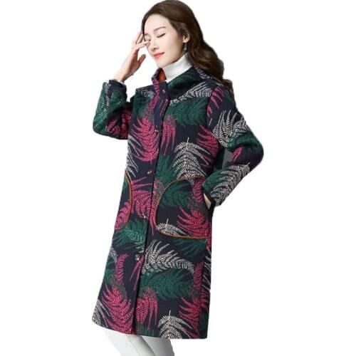 Ethnic Style Printed Cotton Coat Basic Paragraph Long Sleeve Standing Collar Single-Breasted Cotton Autumn Winter Windbreaker