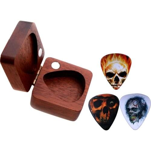 1 Set Solid Wood + Celluloid Guitar Picks Wooden Box With Skull Pattern Guitar Picks