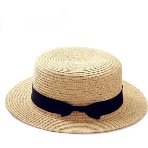 2022 Simple Summer Parent-child Beach Hat Female Casual Panama Hat Lady Brand Women Flat Brim Bowknot Straw Cap Girls