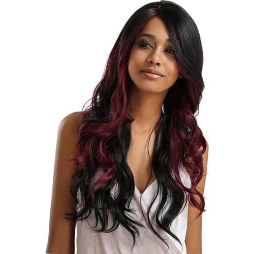 25'' Lady Black Mixed Wine Red Long Synthetic Wig Curly Wave Front Lace Wig