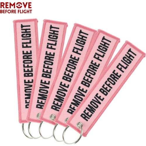 5PCS REMOVE BEFORE FLIGHT Key Chain Safety Tags for Cars Motorcycles Keyring Pink Embroidery Fashion Keychain Key Fob chaveiro