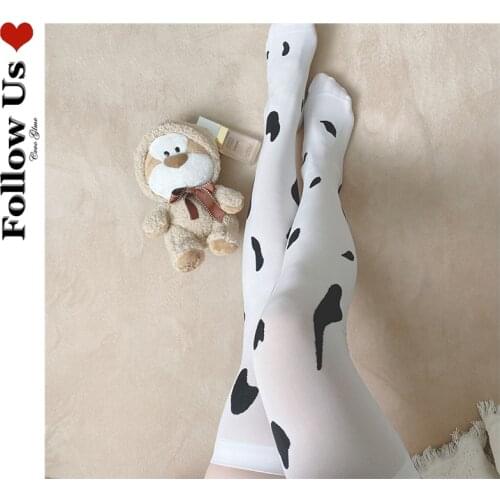 Women Cotton Gothic Lolita Fancy Kawaii Stocking White Thigh High Knee Strawberry Dairy Cow Patterned Socks Anime Loli Girl