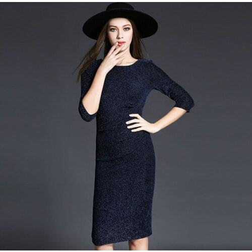 Elegant Spring Autumn Dress Women Three Quarter Sleeve Vinatge Office Ladies Bodycon Shiny Dresses Female Party Night Plus Size