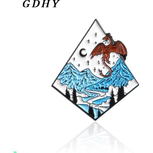 GDHY Flying Dragon Brooches Enamel Pin Snow Mountain Moonlight Forest Thrones Dragon Lapel Pins Badge Jewelry Gift for Kids