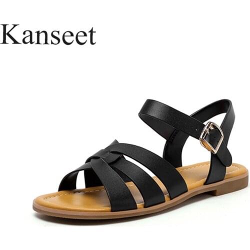 Kanseet Buckle Strap 2021 Women Sandals Concise Design Daily Open-Toed Summer Shoes Black Casual Comfort Low Heels Shoes