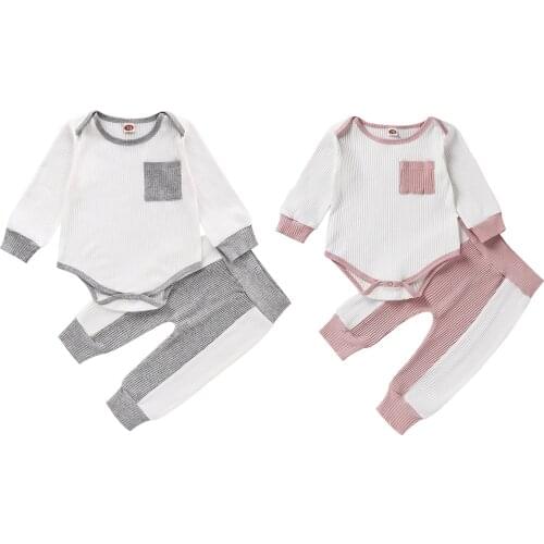 2Pcs Newborn Baby Autumn Patchwork Ribbed Outfits O Neck Long Sleeve Pocket Romper Top High Waist Pants Toddler Outfits 0-24M