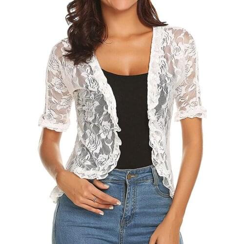 2020 Fashion Summer Tops for Women Half Sleeve Lace Cardigan Frilly Ruffle Blouses Ladies Sheer Loose Short Coat Shawl