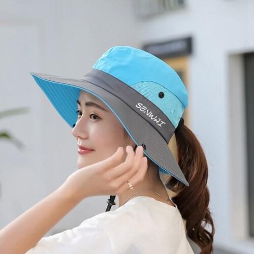 Summer Outdoor Sports Bucket Hat Foldable Wide Brim Quick Drying Breathable Packable Sunshade Sun Ponytail Cap with Chin Strap
