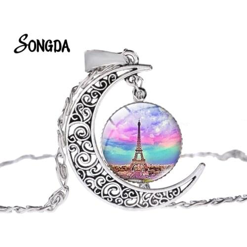 Fashion Paris Eiffel Tower Necklace Eiffel Tower Glass Pendant Alloy Chain Sweater Necklace Handmade Souvenir for Friends