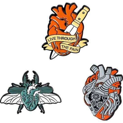 Cartoon Organ Heart Moth Dagger Brooches Live Through the Pain Enamel Pins Bag Lapel Badge Punk Jewelry Gift for Friends Kids