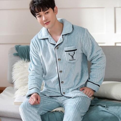 New Autumn/Winter Men Pyjamas Spring And Autumn Style Long-Sleeved Flannel Pyjamas Suit Men Home Service Suit Two-Piece Set