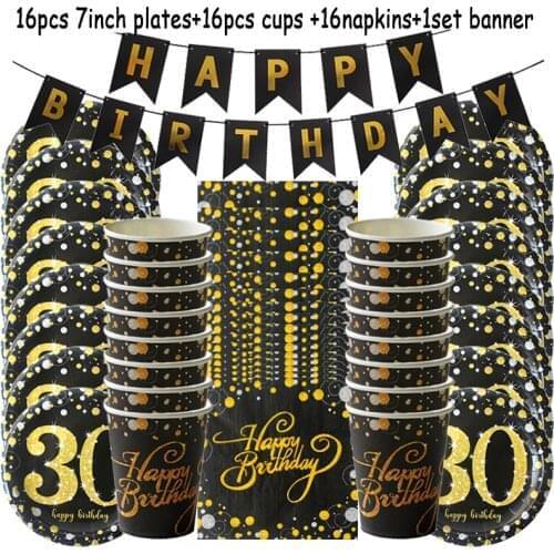 49pcs/set Black Gold 30 Years Anniversary Disposable Tableware Adult Birthday Party Decoration 30th Year Old Party Supplies