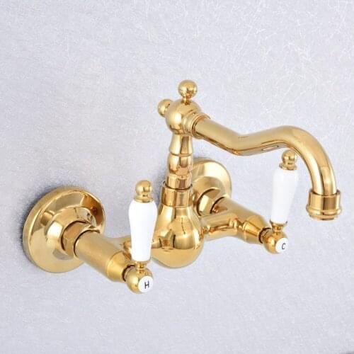 Polished Gold Color Brass Wall Mounted Double Ceramic Handles Bathroom Kitchen Sink Faucet Mixer Tap Swivel Spout asf615