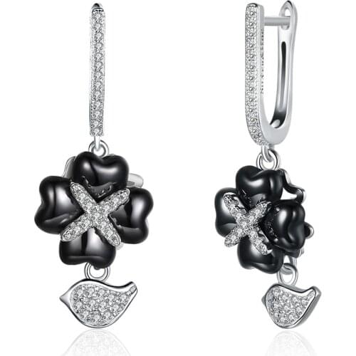 SILVERHOO 925 Sterling Silver Drop Earrings For Women Cubic Zirconia Hanging Leaves Shape Black Ceramic Earring Fine Jewelry New
